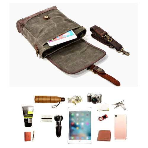 Retro Kanvas Gündelik Küçük Postacı Çanta Mumlu Su Geçirmez (Haki Yeşil) - 6