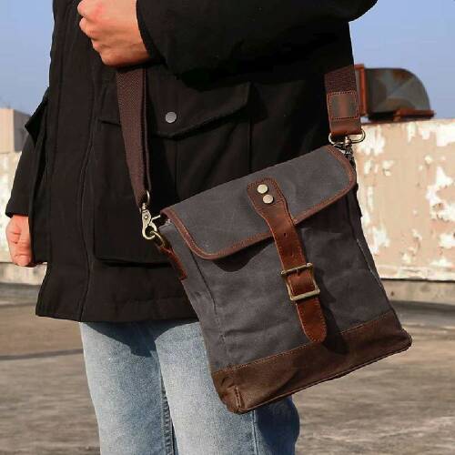 Retro Kanvas Gündelik Küçük Postacı Çanta Mumlu Su Geçirmez (Koyu Gri) - 3