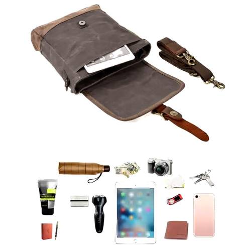 Retro Kanvas Gündelik Küçük Postacı Çanta Mumlu Su Geçirmez (Koyu Gri) - 6