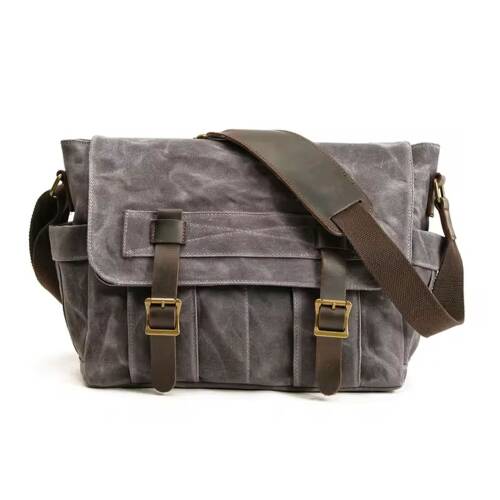 Retro Kanvas Postacı Çanta Mumlu Su Geçirmez (Koyu Gri) - 1