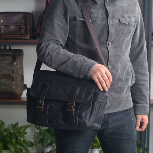 Retro Kanvas Postacı Çanta Mumlu Su Geçirmez (Siyah) - 5