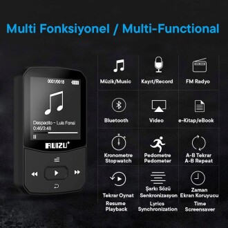 Ruizu X52 MP3 Çalar Bluetooth 5.0 8GB FM Radyo Pedometre Saat - 2