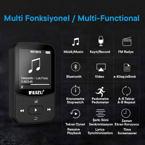 Ruizu X52 MP3 Çalar Bluetooth 5.0 8GB FM Radyo Pedometre Saat - 2