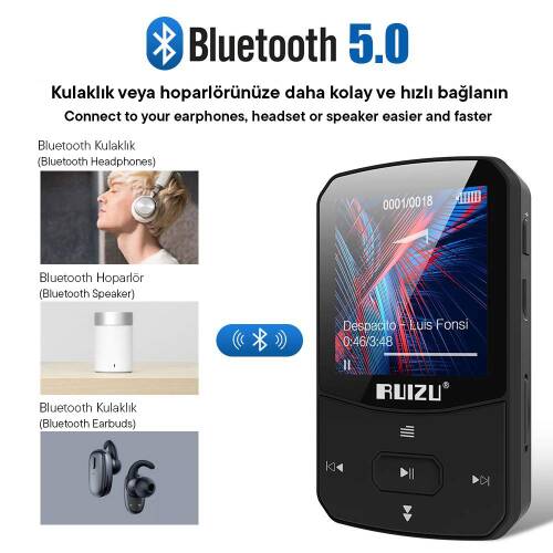 Ruizu X52 MP3 Çalar Bluetooth 5.0 8GB FM Radyo Pedometre Saat - 3