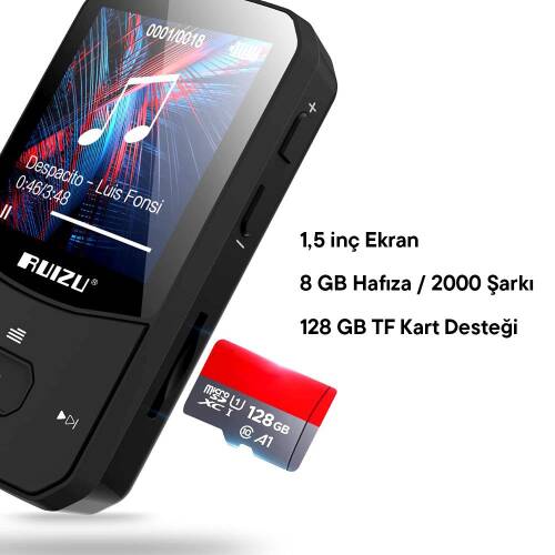 Ruizu X52 MP3 Çalar Bluetooth 5.0 8GB FM Radyo Pedometre Saat - 7