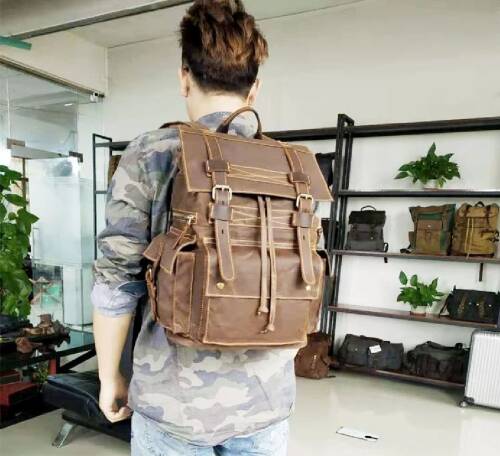 Sert Kanvas Retro Gündelik Okul İş Ofis Sırt Çantası Mumlu Su Geçirmez (Kahve) - 3