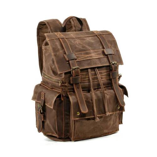 Sert Kanvas Retro Gündelik Okul İş Ofis Sırt Çantası Mumlu Su Geçirmez (Kahve) - 8