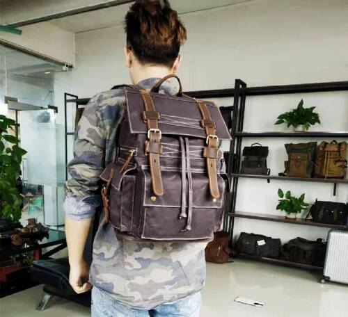 Sert Kanvas Retro Gündelik Okul İş Ofis Sırt Çantası Mumlu Su Geçirmez (Koyu Gri) - 3