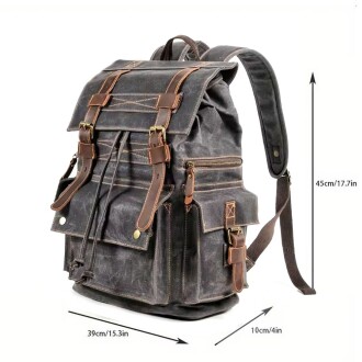 Sert Kanvas Retro Gündelik Okul İş Ofis Sırt Çantası Mumlu Su Geçirmez (Koyu Gri) - 4