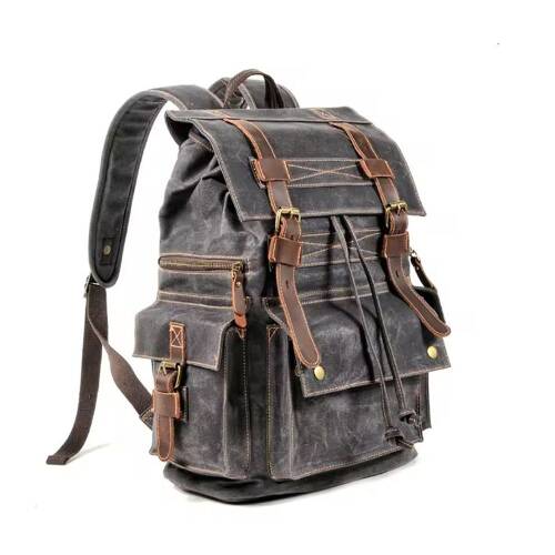 Sert Kanvas Retro Gündelik Okul İş Ofis Sırt Çantası Mumlu Su Geçirmez (Koyu Gri) - 8