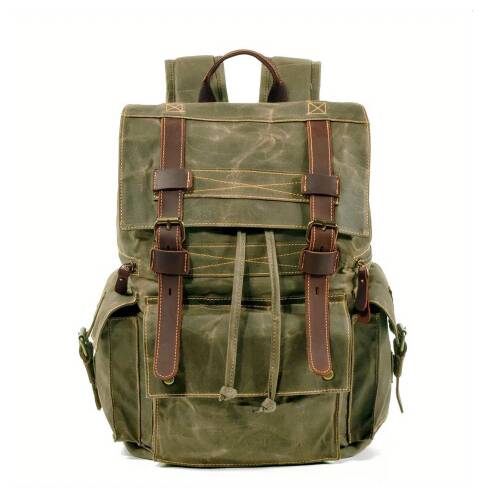 Sert Kanvas Retro Gündelik Okul İş Ofis Sırt Çantası Mumlu Su Geçirmez (Koyu Yeşil) - 1