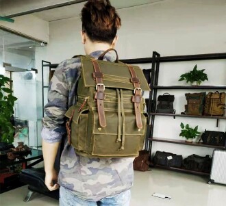 Sert Kanvas Retro Gündelik Okul İş Ofis Sırt Çantası Mumlu Su Geçirmez (Koyu Yeşil) - 3