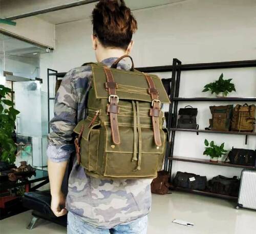 Sert Kanvas Retro Gündelik Okul İş Ofis Sırt Çantası Mumlu Su Geçirmez (Koyu Yeşil) - 3