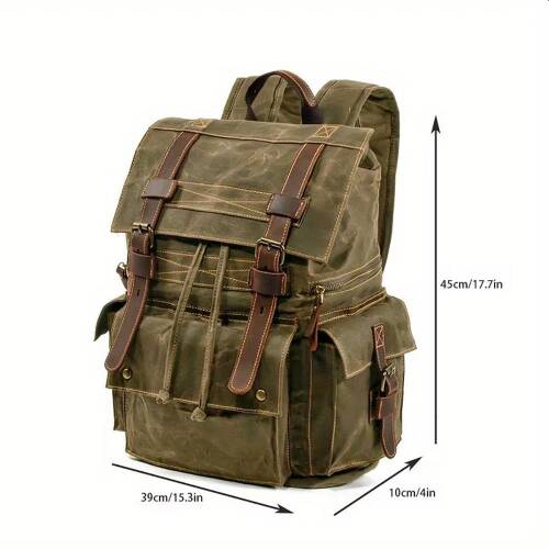 Sert Kanvas Retro Gündelik Okul İş Ofis Sırt Çantası Mumlu Su Geçirmez (Koyu Yeşil) - 4