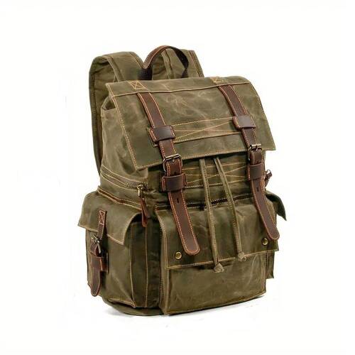 Sert Kanvas Retro Gündelik Okul İş Ofis Sırt Çantası Mumlu Su Geçirmez (Koyu Yeşil) - 8