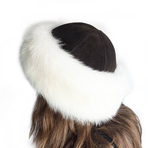 Shark Anatolia %100 Gerçek Yün Kürk Kadın Kahverengi Deri Kışlık Şapka - 9