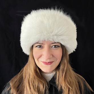 100% Wool Fur, Leather Winter Hat For Women White Fur Dark Brown Nubuck