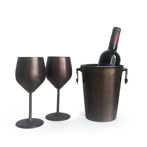 Shark Anatolia Adali Copper Ice Bucket Oxide 15cm and 2 Vine Gall Copper Glasses Oxide Set