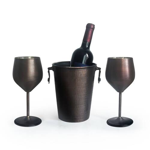 Shark Anatolia Adali Copper Ice Bucket Oxide 15cm and 2 Vine Gall Copper Glasses Oxide Set