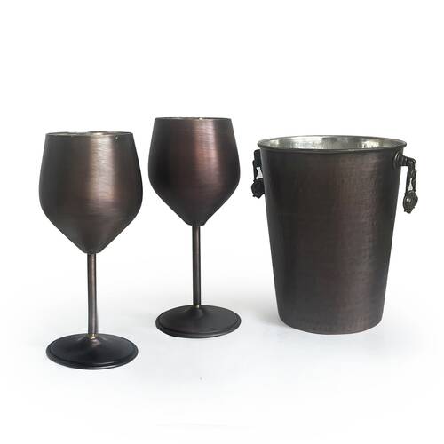 Shark Anatolia Adali Copper Ice Bucket Oxide 15cm and 2 Vine Gall Copper Glasses Oxide Set