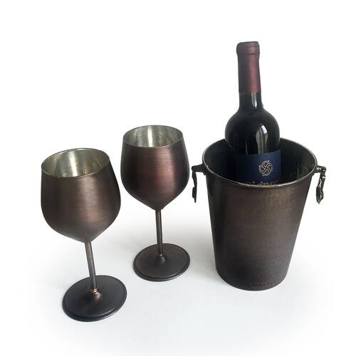 Shark Anatolia Adali Copper Ice Bucket Oxide 15cm and 2 Vine Gall Copper Glasses Oxide Set