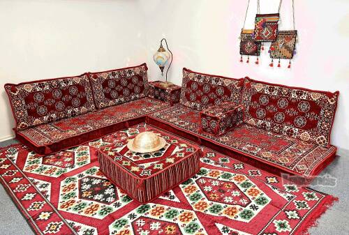 Shark Anatolia  Afgan Desenli Şark Köşesi İkili Sedir Takımı Bordo - 6