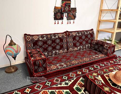 Shark Anatolia  Afgan Desenli Şark Köşesi İkili Sedir Takımı Bordo - 10