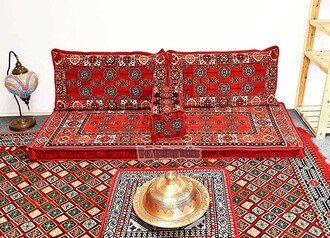 Anatolian Oriental Floor Cushion Set for Two Afghan Pattern – Red