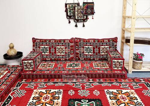 Shark Anatolia Bergama Şark Köşesi İkili Sedir Takımı Kırmızı - 5