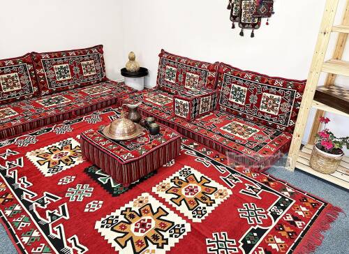 Shark Anatolia Bergama Şark Köşesi İkili Sedir Takımı Kırmızı - 8