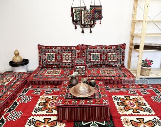 Shark Anatolia Bergama Şark Köşesi İkili Sedir Takımı Kırmızı - 9