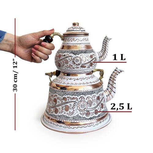 Shark Anatolia Beyaz Bakır Çaydanlık Erzincan El İşleme 10 Kişilik - 3