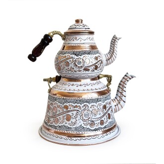 Shark Anatolia Erzincan Handcrafted White Copper Teapot Set for 10