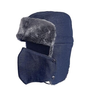 Shark Anatolia Çıkarılabilir Maskeli Pilot Kürklü Kanvas Şapka Lacivert 