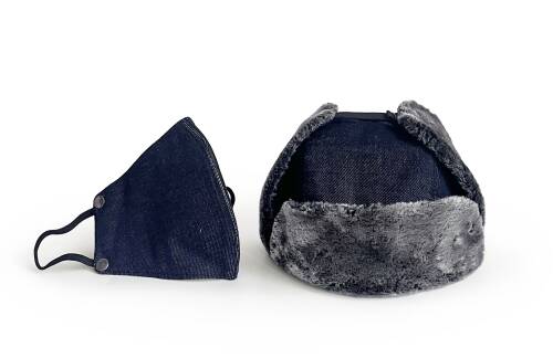 Shark Anatolia Çıkarılabilir Maskeli Pilot Kürklü Kanvas Şapka Lacivert - 7