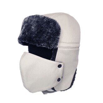 Shark Anatolia - Canvas Winter Trapper Hat With Removable Face Mask Aviator Hat with Ear Cap Light Cream