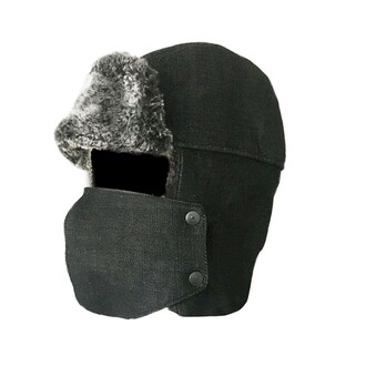 Shark Anatolia - Handmade, Winter Trapper Hat With Removable Face Mask, Black Canvas