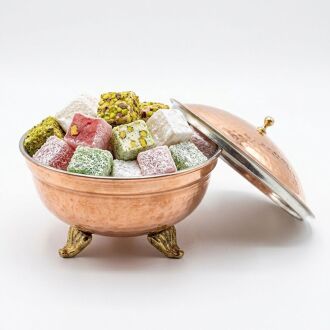 Shark Anatolia El Dövmesi Ayaklı Bakır Defne Şekerlik, Kapaklı, Pirinç Kulplu Otantik Bakır Lokum Sunumluk Kırmızı Bakır - 3