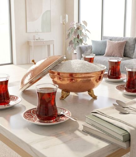 Shark Anatolia El Dövmesi Ayaklı Bakır Defne Şekerlik, Kapaklı, Pirinç Kulplu Otantik Bakır Lokum Sunumluk Kırmızı Bakır - 6