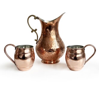 Shark Anatolia El İşi Kabartma Bakır Sürahi ve 2'li Bardak Seti - 6