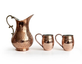 Shark Anatolia El İşi Kabartma Bakır Sürahi ve 2'li Bardak Seti - 7