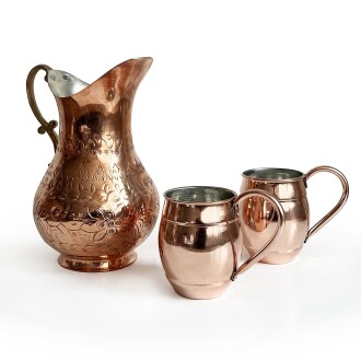 Shark Anatolia El İşi Kabartma Bakır Sürahi ve 2'li Bardak Seti - 8