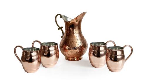 Shark Anatolia El İşi Kabartma Bakır Sürahi ve 4'lü Bardak Seti - 2