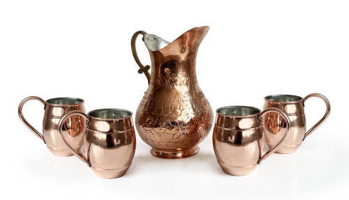 Shark Anatolia El İşi Kabartma Bakır Sürahi ve 4'lü Bardak Seti - 8