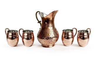 Shark Anatolia Set Of Hand Carved Copper Carafe and Copper Mug of 4