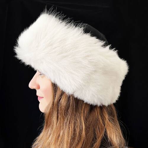Shark Anatolia El Yapımı  %100 Yün Beyaz Kürklü Kadın Gerçek Deri Börk Şapka - 5