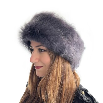 Handmade, 100% Wool, Real Fur, Leather Russian, Winter Hat For Women Gray - Thumbnail