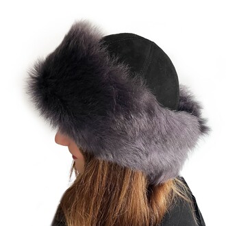 Handmade, 100% Wool, Real Fur, Leather Russian, Winter Hat For Women Gray - Thumbnail