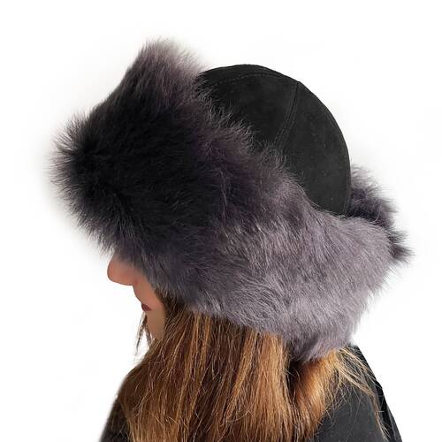 Handmade, 100% Wool, Real Fur, Leather Russian, Winter Hat For Women Gray