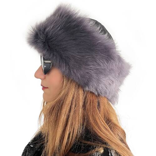 Handmade, 100% Wool, Real Fur, Leather Russian, Winter Hat For Women Gray